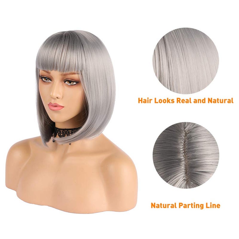 eNilecor Short Bob Hair Wigs 12" Straight with Flat Bangs Synthetic Colorful Cosplay Daily Party Wig for Women Natural As Real Hair+ Free Wig Cap (Silver Grey) - Image 5